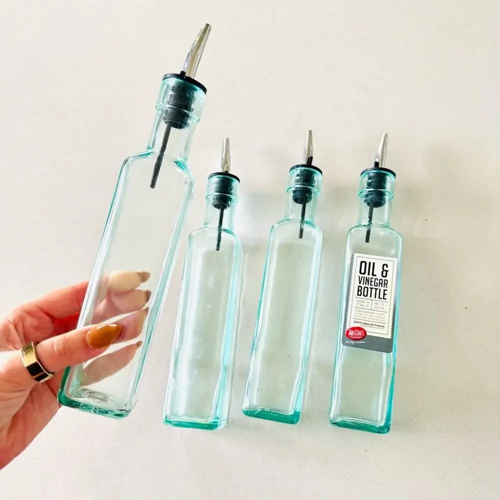 4 POTTERY BARN ITALY Clear Green Glass Olive Oil Bottle Dispenser Silver Spout